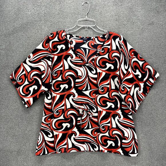 Chaps‎ Top Womens Large Black Red White Short Sleeve Sheer V Neck Blouse - Picture 1 of 14